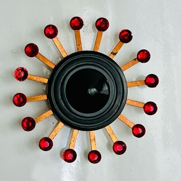 Upcycled Atomic Starburst Refrigerator Magnet Buttons Rhinestones Black Red - Picture 1 of 5